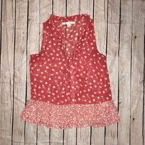 Red peplum semi-sheer blouse